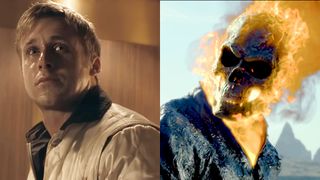 Ryan Gosling wearing white scorpion jacket inside elevator starring in Drive (2011), Ghost Rider flaming skull and tar burnt leather jacket in Ghost Rider: Spirit of Vengeance (2011).