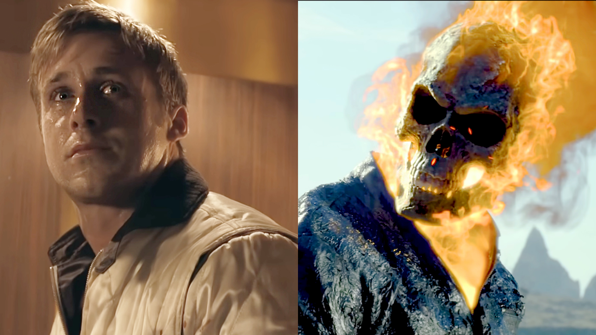 Ryan Gosling wearing white scorpion jacket inside elevator starring in Drive (2011), Ghost Rider flaming skull and tar burnt leather jacket in Ghost Rider: Spirit of Vengeance (2011).