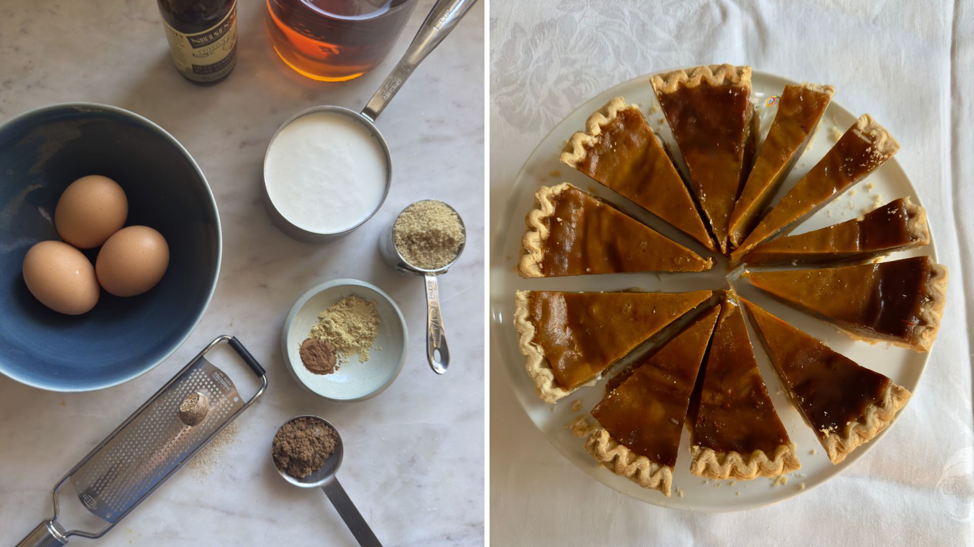 Ingredients on a counter and a sliced pumpkin pie