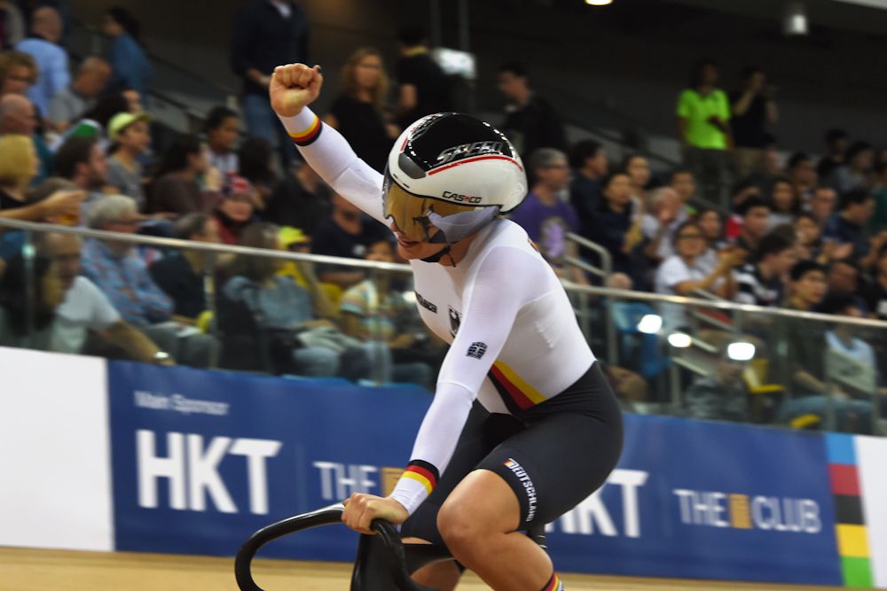 Germany's Miriam Welte reacts after the final of the women's 500m time trial at the Hong Kong Velodrome