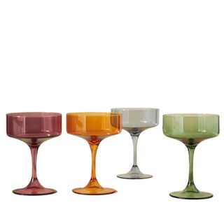 set of four coupe glasses in earthy retro tones