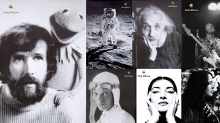 Selection of black-and-white shots of celebrities accompanied by the Apple logo and the words 'Think Different'