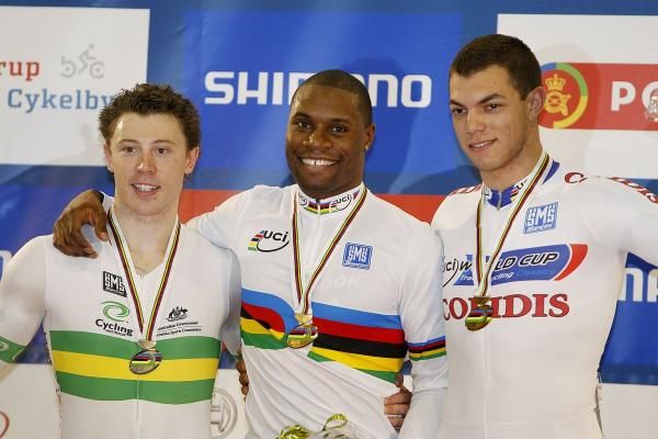 Men's sprint podium (L-R): Shane Perkins (Australia), Gregory Bauge (France) and K&eacute;vin Sireau (France).