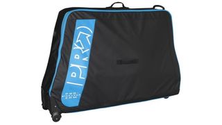 pro bike travel case with blue details studio image with a white background