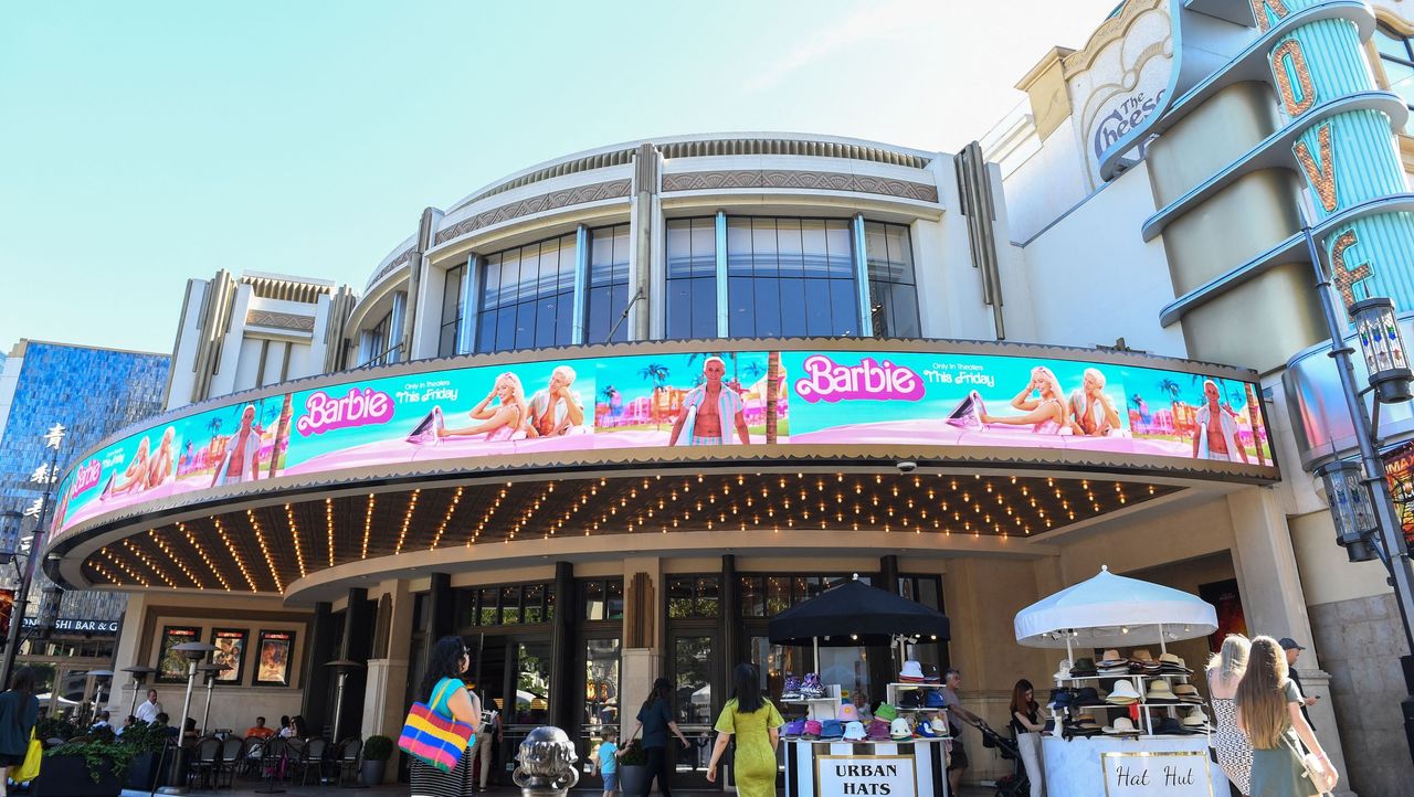 A marquee sign for the &quot;Barbie&quot; movie in Los Angeles.