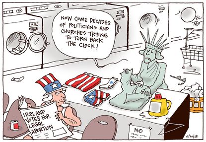 Political cartoon U.S. Ireland abortion vote Statue of Liberty Uncle Sam