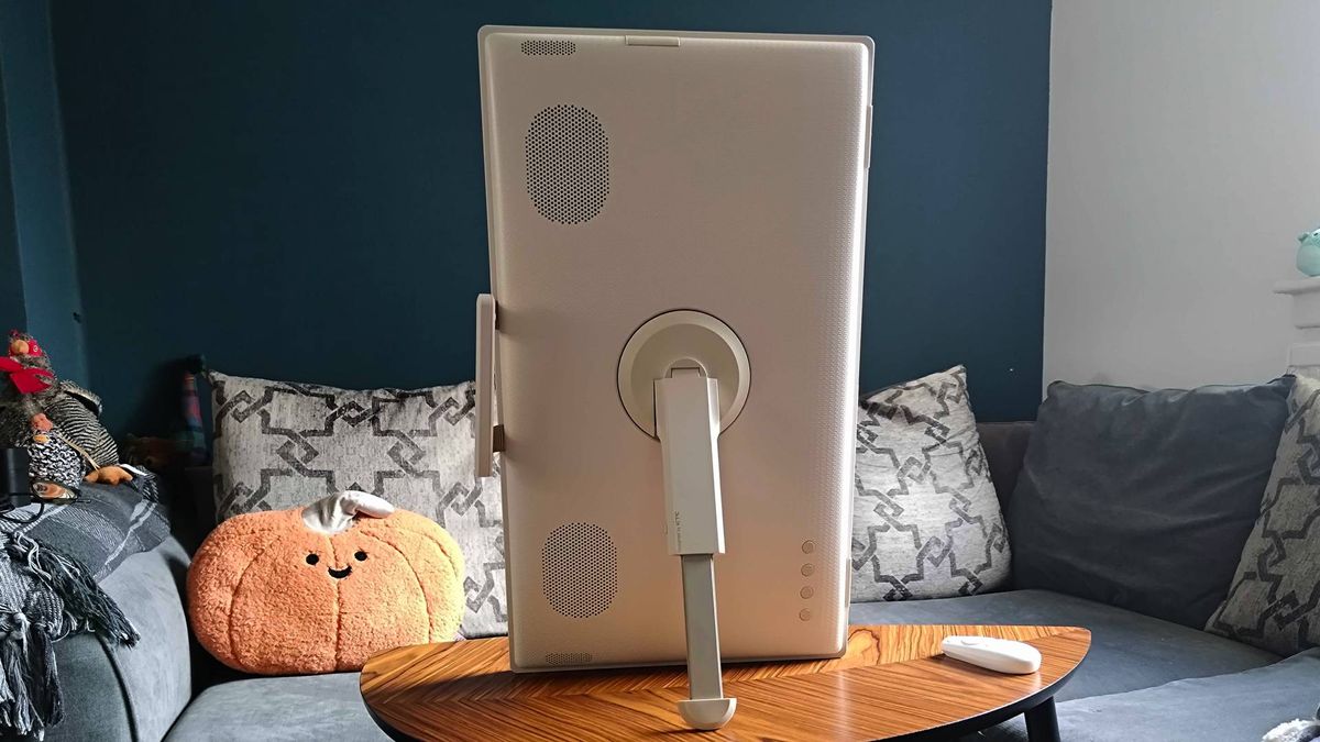 Back view of KTC MegPad portable monitor with kickstand extended in portrait mode.