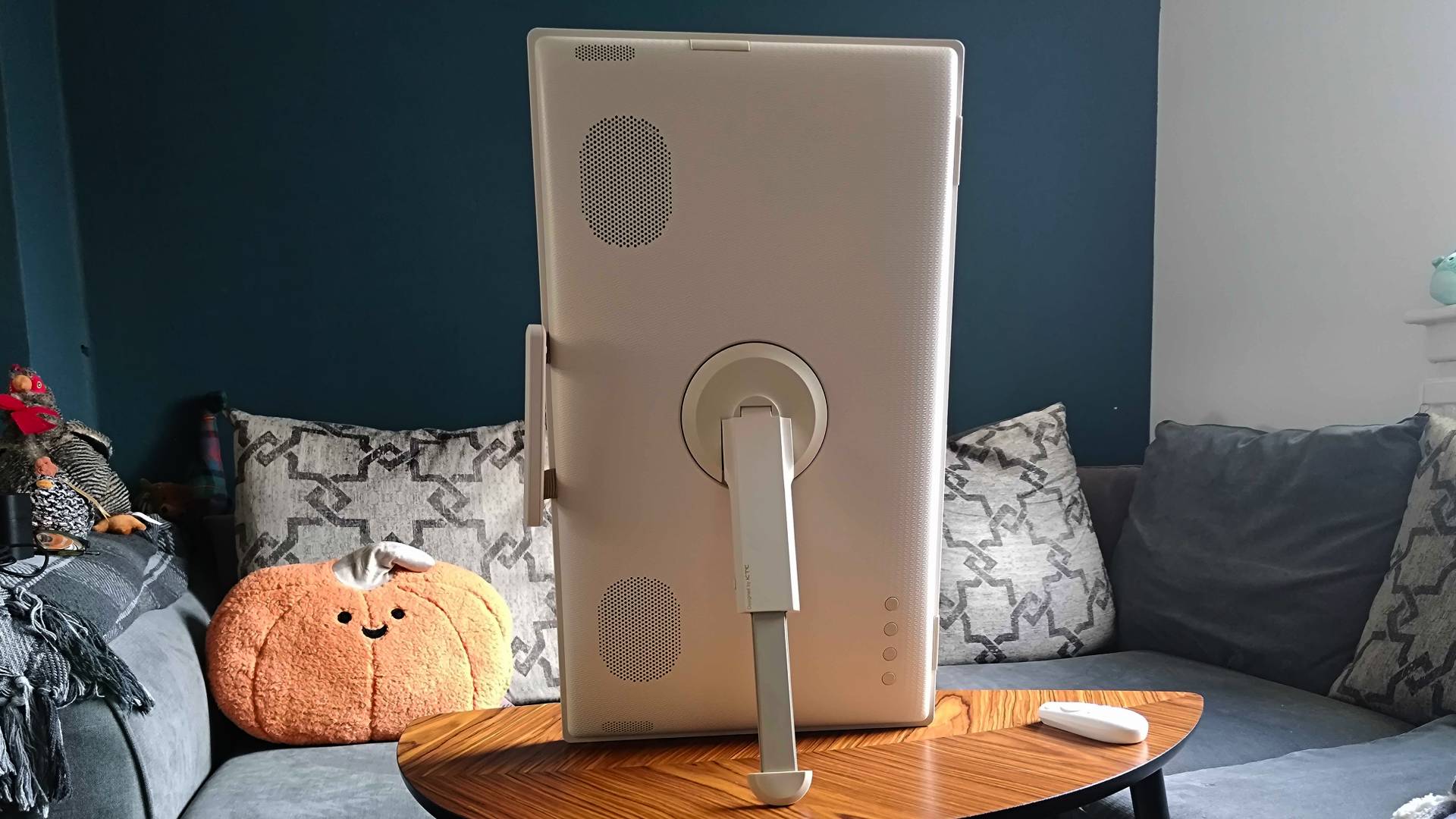Back view of KTC MegPad portable monitor with kickstand extended in portrait mode. 