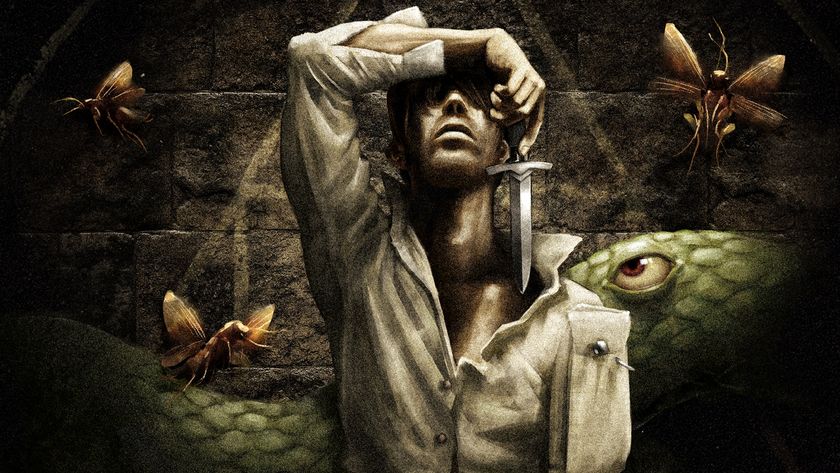 Caucasian in white shirt with severed arm sleeve pinned up, holding dagger covering eyes with snake and bugs behind.