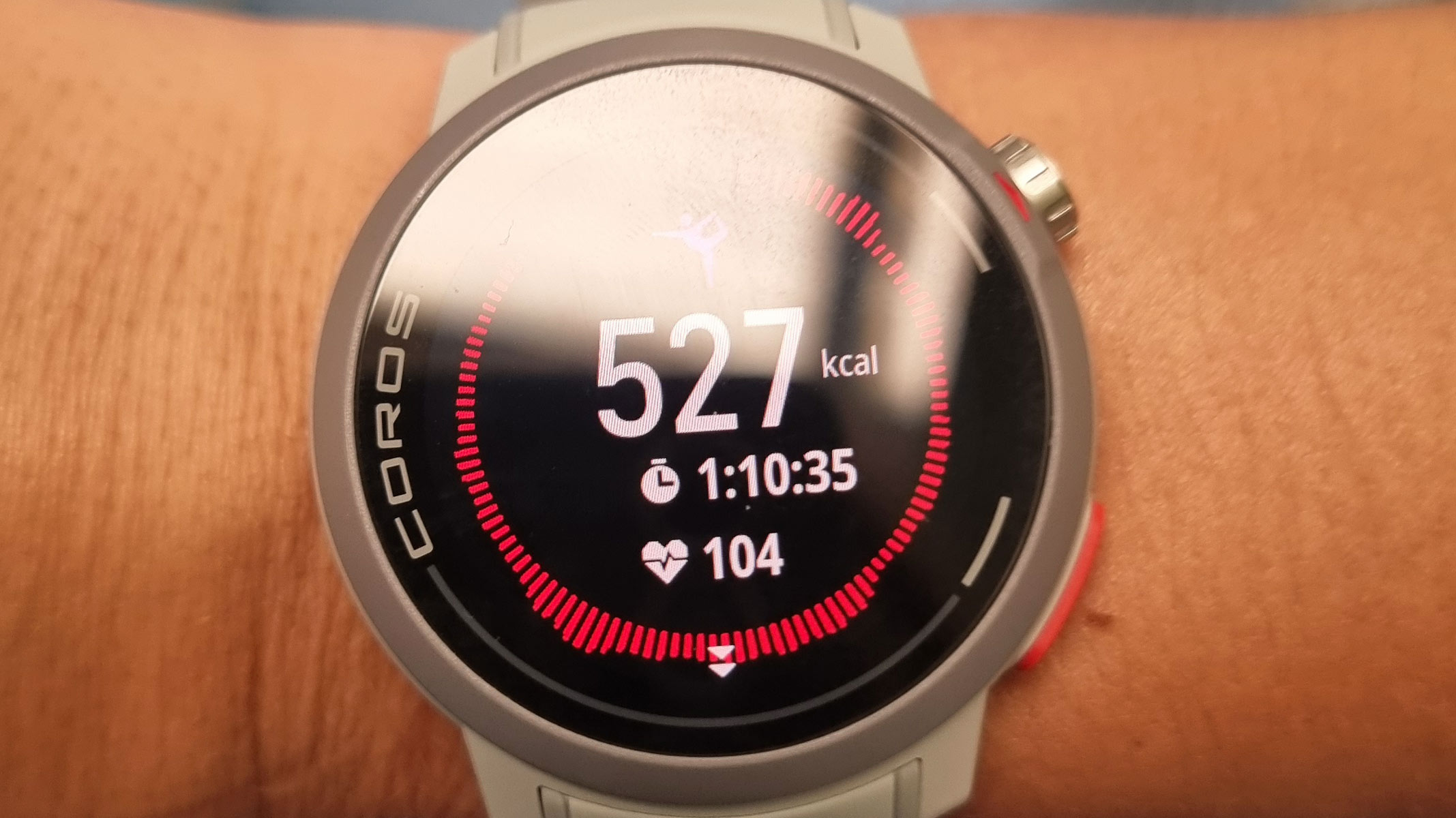 A close-up picture of the workout stats displayed by our reviewer's Coros Pace Pro watch