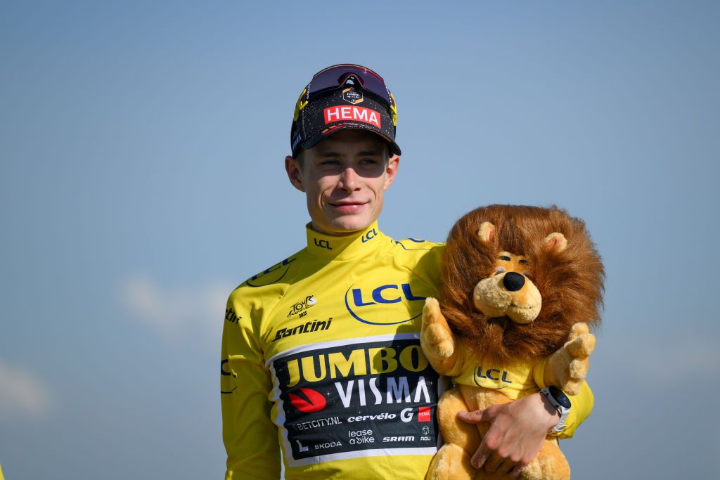 PUY DE DME FRANCE JULY 09 Jonas Vingegaard of Denmark and Team JumboVisma Yellow Leader Jersey celebrates at podium during the stage nine of the 110th Tour de France 2023 a 1824km stage from SaintLonarddeNoblat to Puy de Dme 1412m UCIWT on July 09 2023 in Puy de Dme France Photo by David RamosGetty Images