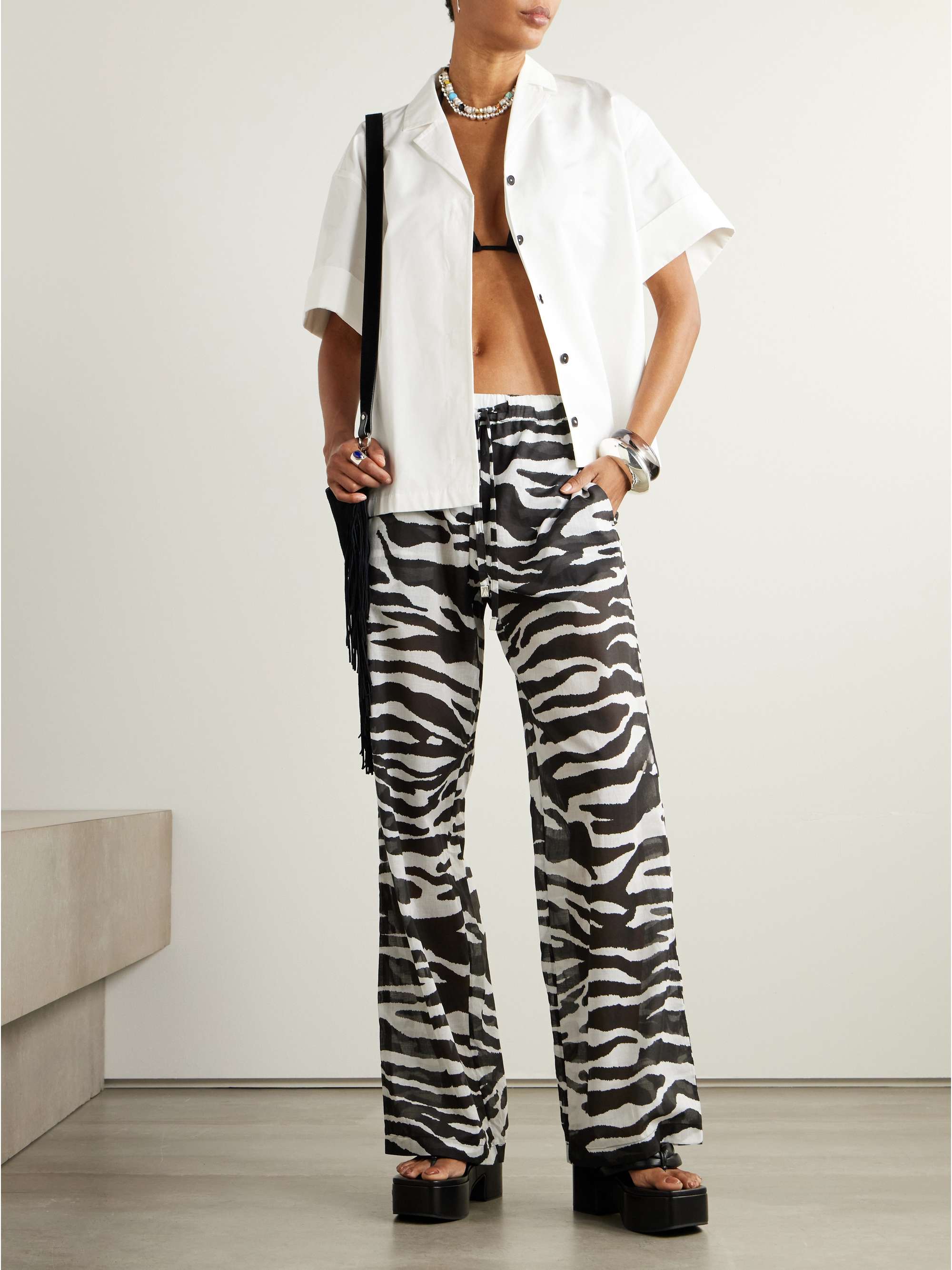 Zebra-Print Cotton-Voile Wide-Leg Pants