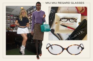 a collage of runway, celebrity, and product imagery highlighting the Miu Miu Regard Glasses