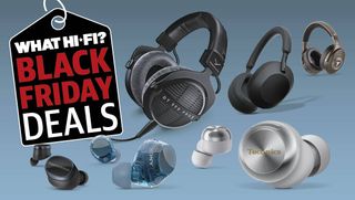 Selection of headphones on a blue background with a Black Friday tag