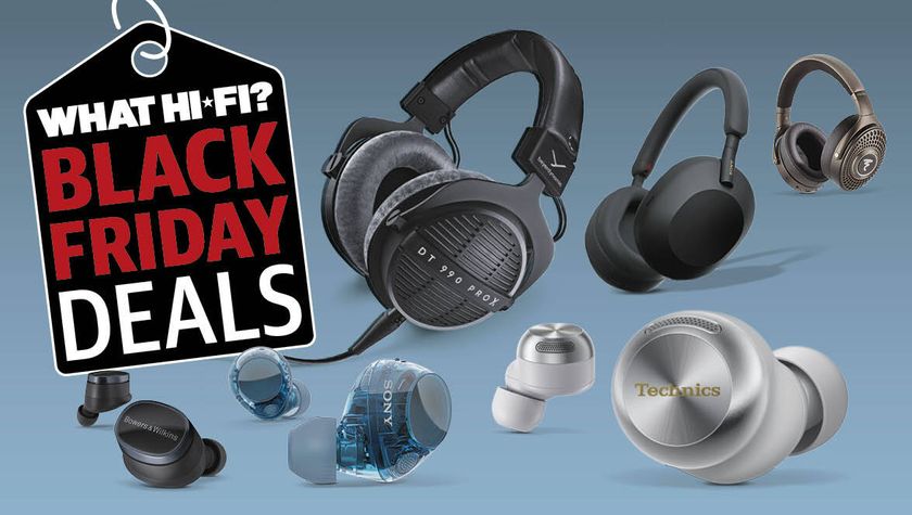Selection of headphones on a blue background with a Black Friday tag