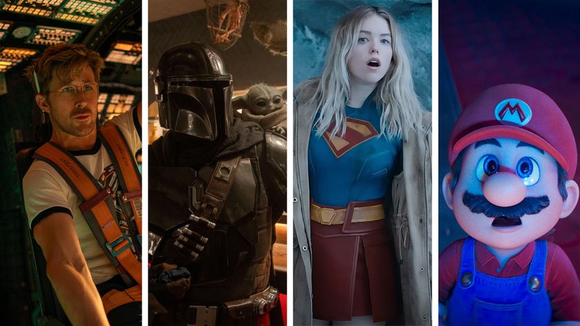 Split image showing four upcoming sci-fi movies in 2026 (L-R): Project Hail Mary, The Mandalorian &amp; Grogu, Supergirl, and The Super Mario Galaxy Movie.