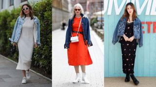 street style models showing how to style a denim jacket with midi dresses