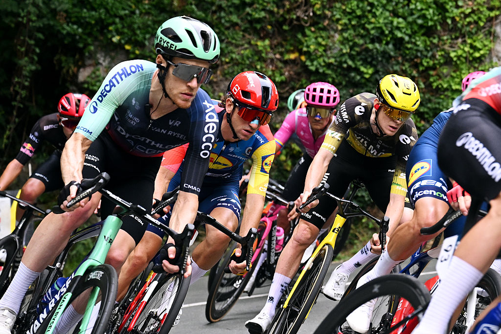 Giulio Ciccone of Italy and Team Lidl - Trek and Louis Barre of France and Team Visma | Lease a Bike compete during the 45th Donostia San Sebastian Klasikoa 202