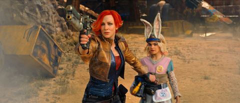 Lilith (Cate Blanchett) levels a pistol, standing in front of Tiny Tina (Ariana Greenblatt) in the &quot;Borderlands&quot; movie