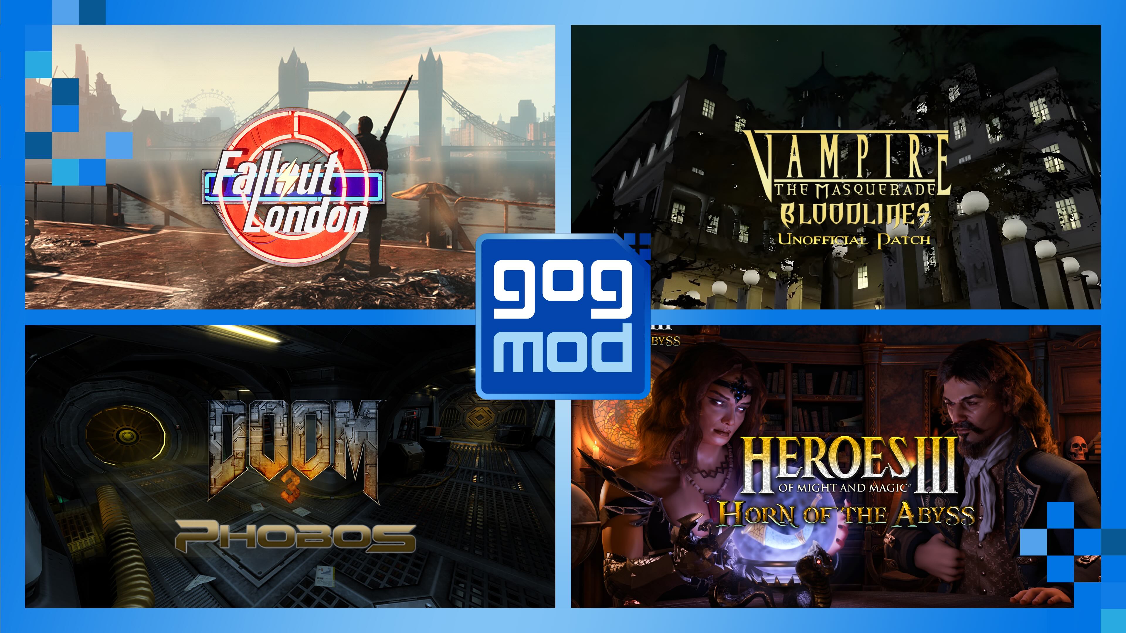 GOG one-clicking modding announcement image, showing Bloodlines, Doom 3, Fallout London, and Heroes of Might and Magic 3.