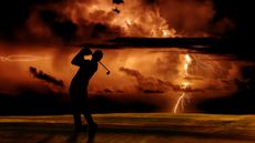 golfer playing with lightning in background
