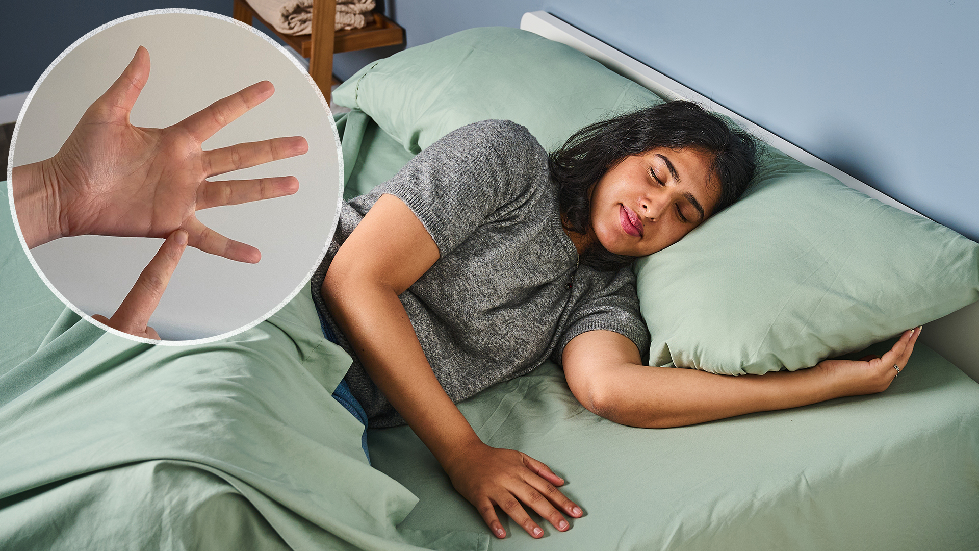 A woman lies in bed sleeping soundly. In the top left, a box out showing a closeup of two hands performing the five finger breathing method for better sleep