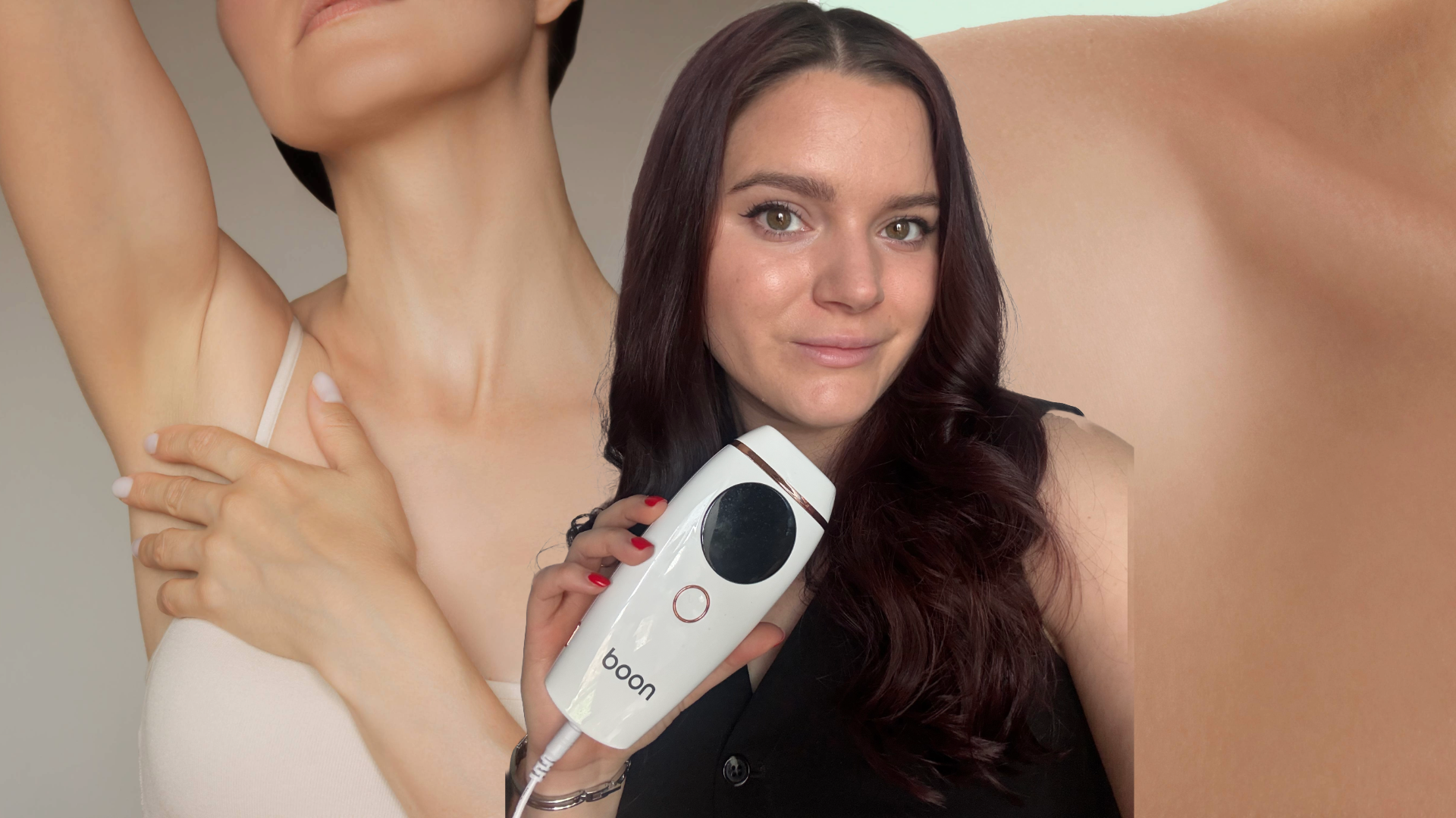 image collage of brooke knappenberger holding nood flasher 2.0 laser hair device with background of woman with her arm held up and close-up of shoulder