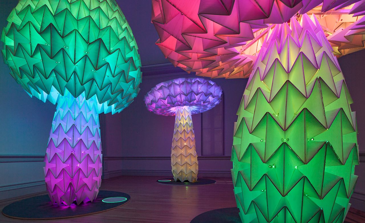 art installation at the Renwick Gallery of colorful lit up giant mushrooms called Shrumen Lumen, 2016, by Foldhaus