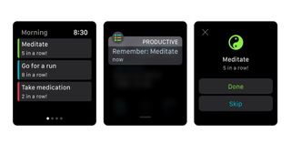 Skjermbilder fra appen Productive på en Apple Watch.