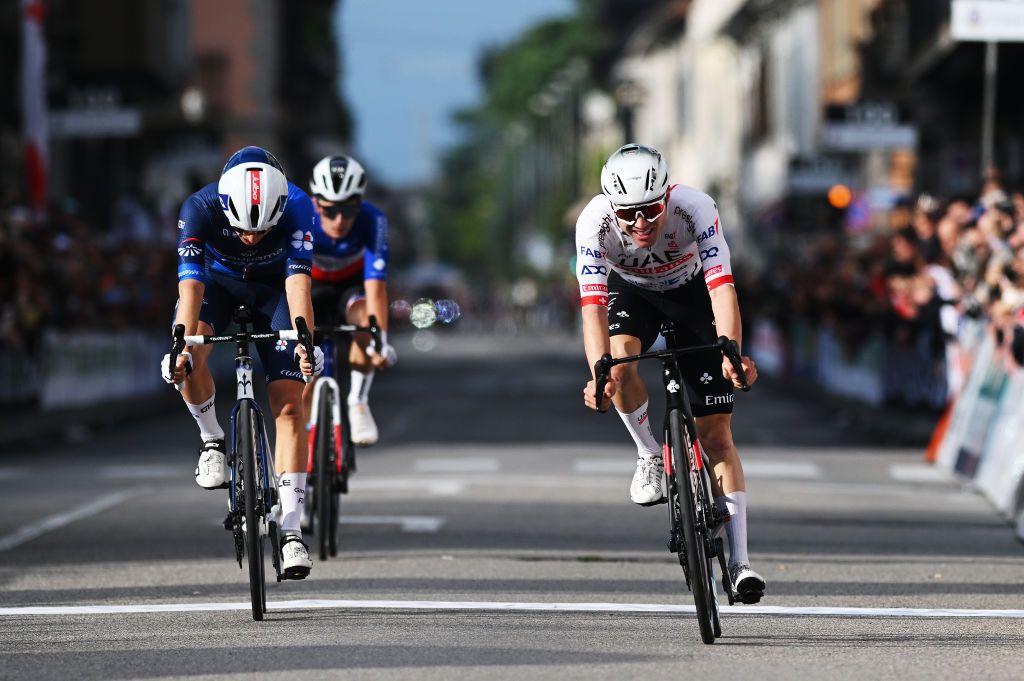 LISSONE ITALY OCTOBER 06 Marc Hirschi of Switzerland and UAE Team Emirates celebrates at finish line as race winner during the 77th Coppa Agostoni 2024 a 1667km one day race from Lissone to Lissone on October 06 2024 in Lissone Italy Photo by Dario BelingheriGetty Images