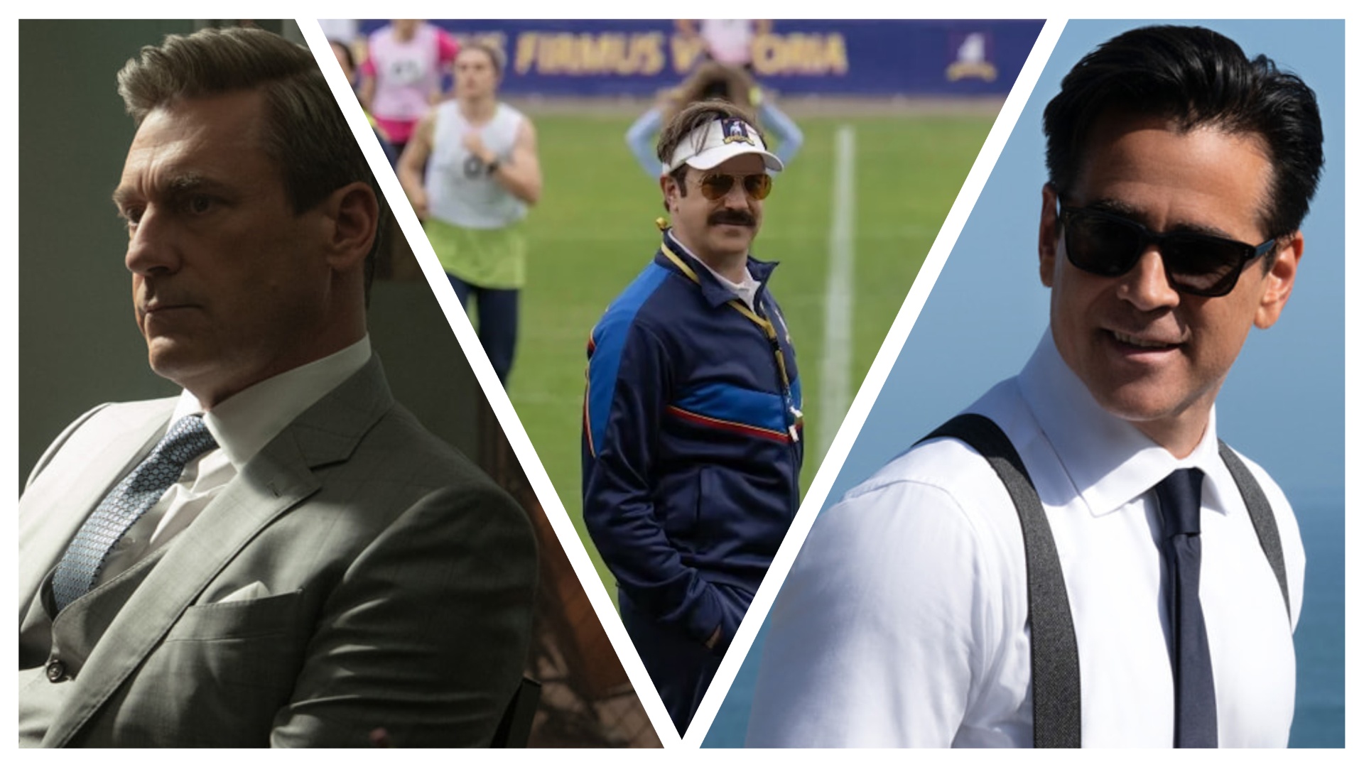 Three Apple TV images sliced together left to right: Your Friends and Neighbours, Ted Lasso and Sugar 