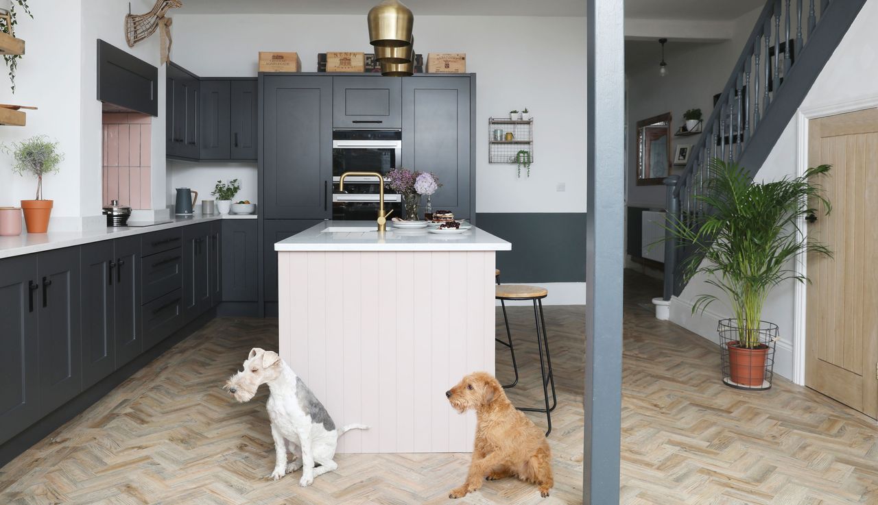  Steve and Katelin Haworth’s industrial grey kitchen has been lifted with a pop of blush pink