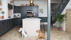  Steve and Katelin Haworth’s industrial grey kitchen has been lifted with a pop of blush pink