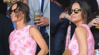 Composite of two pictures of Pippa Middleton wearing a pink dress with a peacock feather print on it, with her hair in a low bun, at Wimbledon in 2016