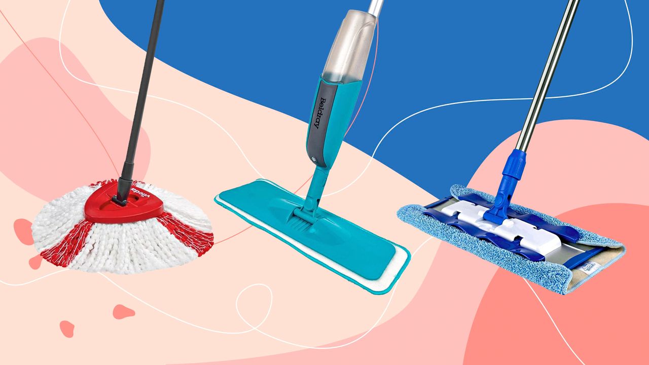 A graphic of three of the best mops, including the Vileda Turbo spin mop, Beldray Classic mop and the MR.SIGA flat mop