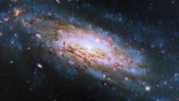 a swirling spiral galaxy enriches the blackness of space with shades of blue from stars shining in its arms, and hues of pink and orange near the center.