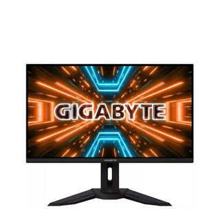 Gigabyte M32U in black with the Gigabyte logo on the screen against a white background.