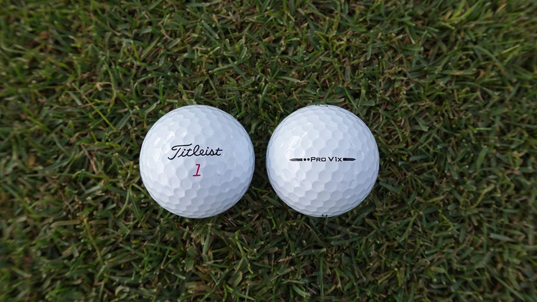 A close-up of the Titleist Pro V1x golf ball