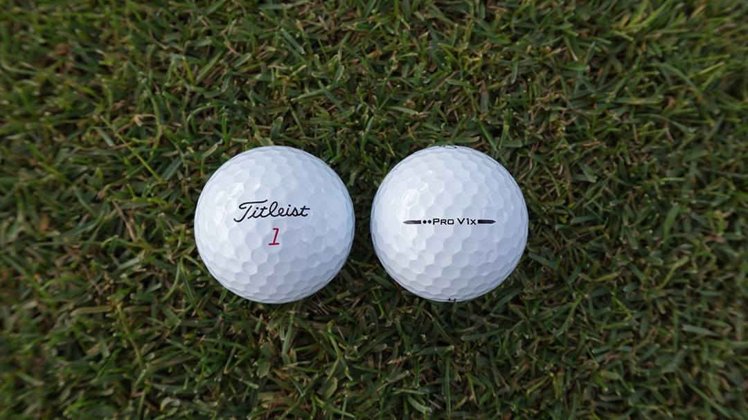 A close-up of the Titleist Pro V1x golf ball