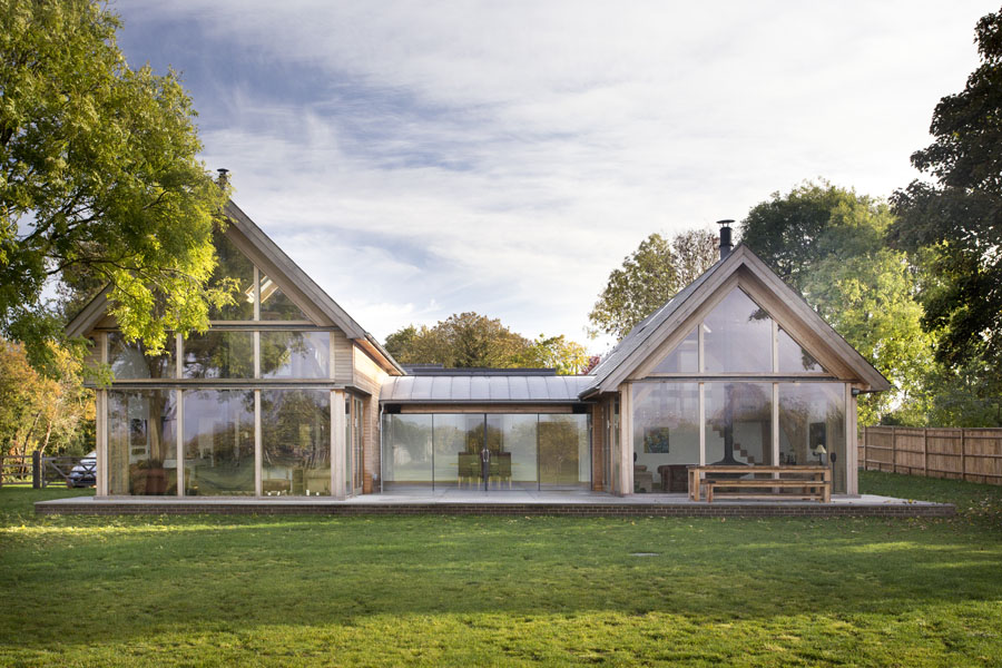 Exterior of glazed contemporary oak home