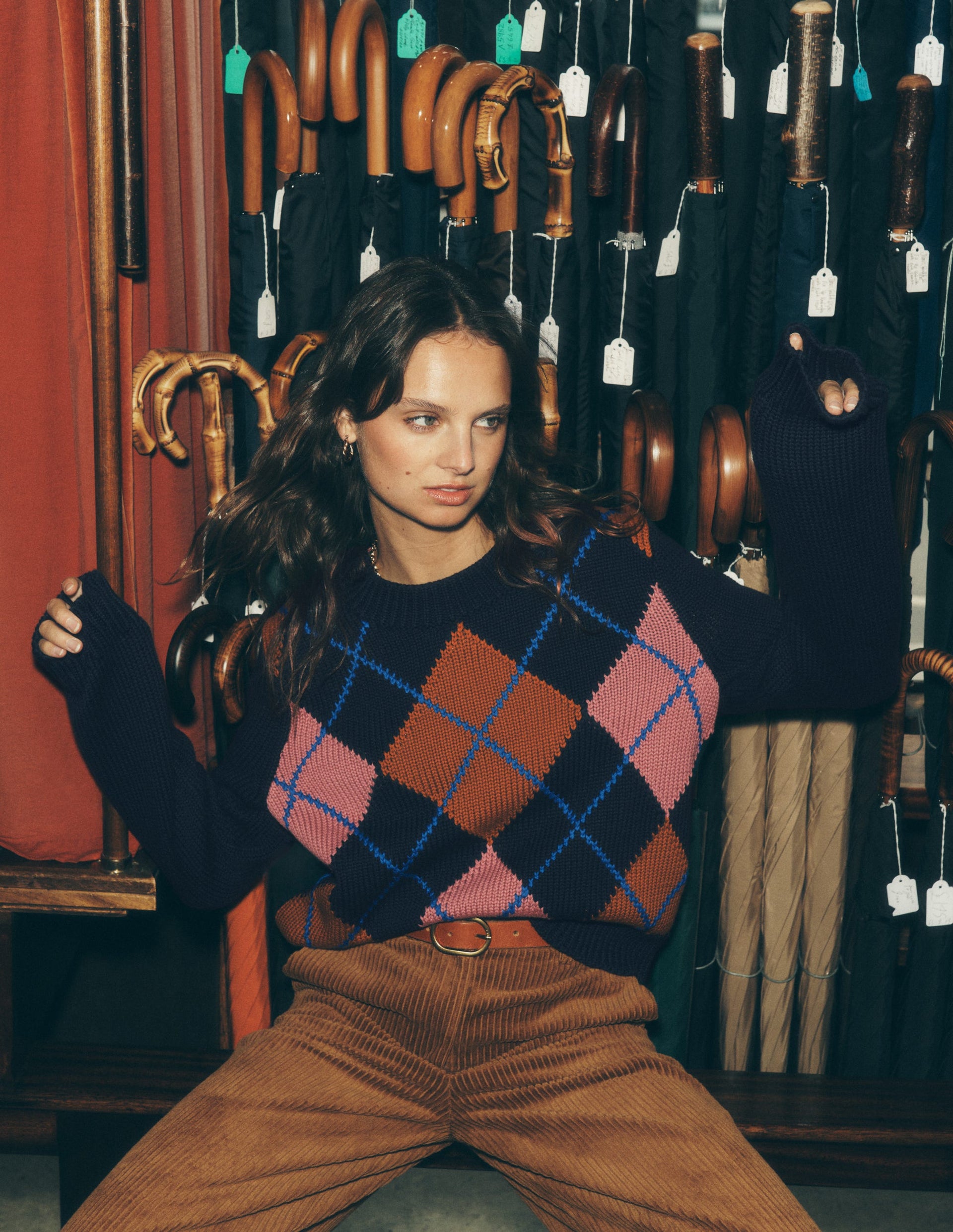 Lucy Chunky Cotton Jumper-Navy, Pink and Brown Argyle