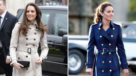 Composite of a picture of Kate Middleton wearing a trench coat in 2011 and another one in 2021