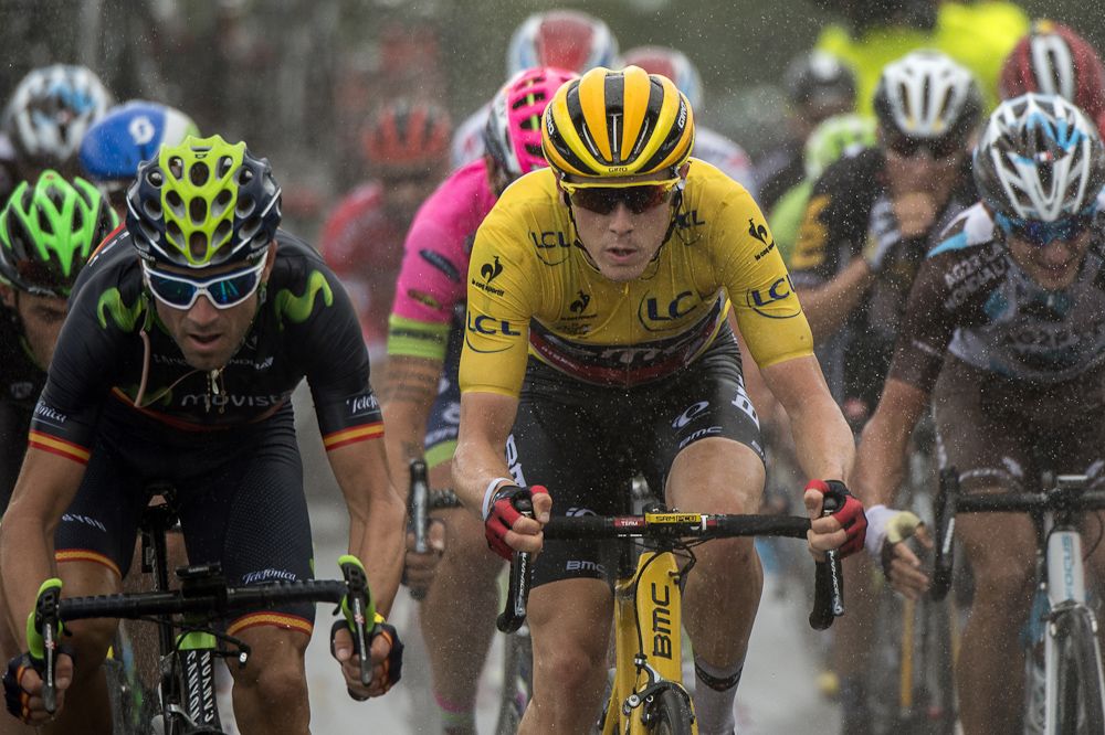 Rohan Dennis rides in the bunch during stage 2.
