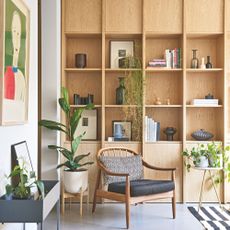Wooden storage unit with an accent chair and plants in front of it