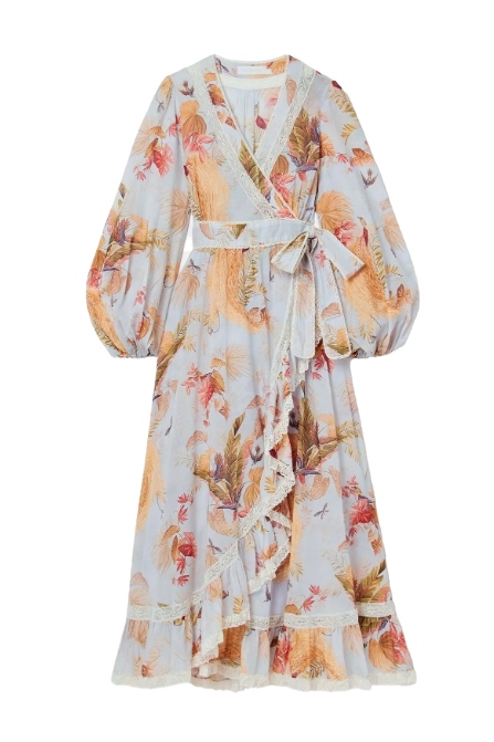 Ascension Lace-Trimmed Tiered Printed Cotton-Voile Midi Wrap Dress