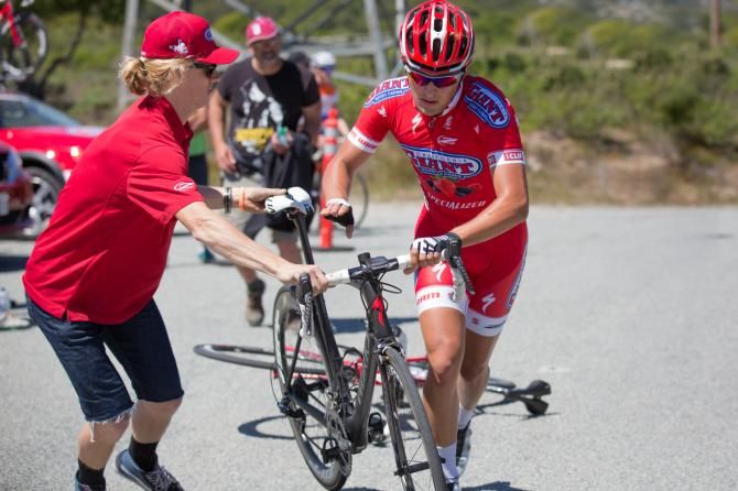 Cody Kaiser, an elite-level cyclocross racer, makes smooth work of a bike swap during the road race.