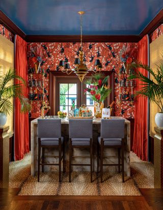 luxury home bar with velvet curtains palm beach