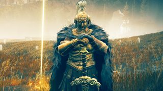 Elden Ring Shadow of the Erdtree character with golden armor and sword in the ground