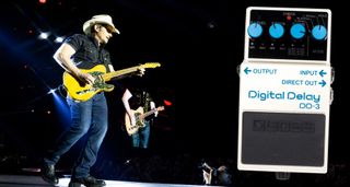 Brad Paisley performs live with his Telecaster &ndash; his trusty Boss DD-2 Digital Delay is also pictured.