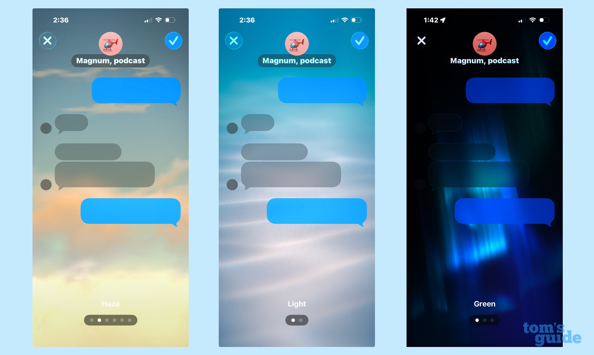 sky, water and aurora options for backgrounds in iOS 26 messages